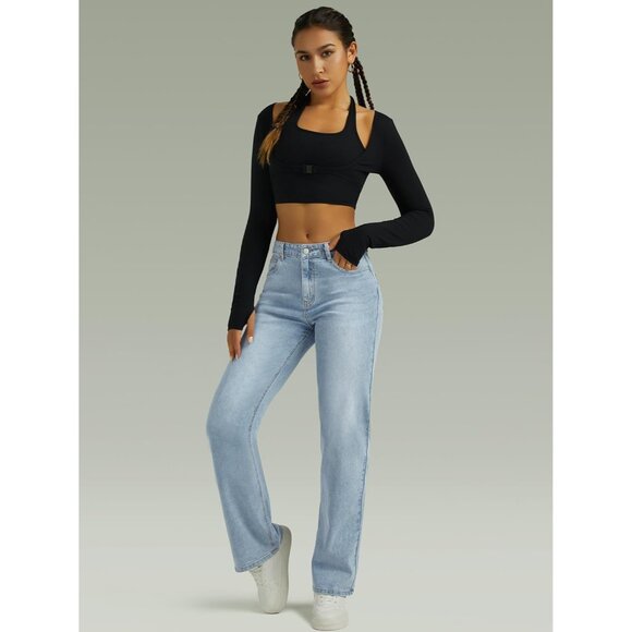 Women’s High Waisted Wide Leg Jeans Cotton Blend Petite Casual Pants - Picture 5 of 5